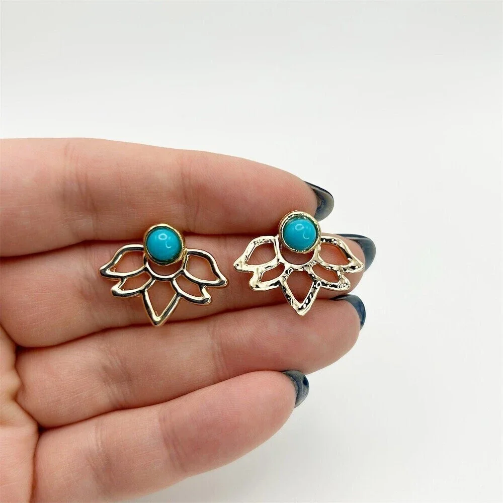 Gold Tone Lotus Flower Ear Jacket Pierced Stud Earrings Turquoise Blue Color